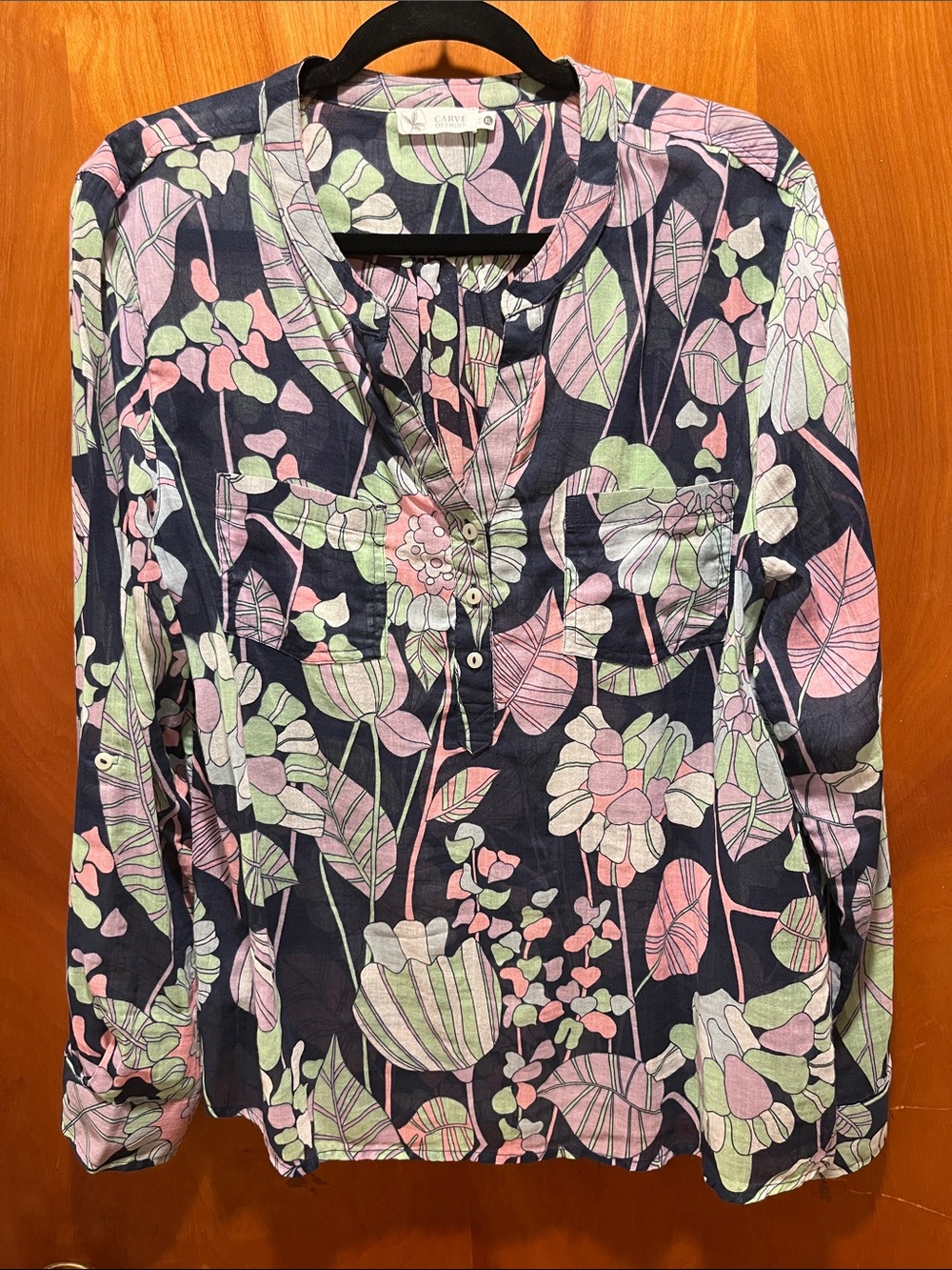 Carve Designs Navy Floral Henley with Pink & Mint Accents